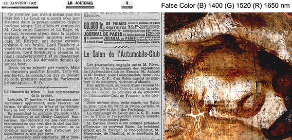 左：『ル・ジュルナル』紙（1902年1月18日号、3頁）Source gallica.bnf.fr / BnF　右：赤外線ハイパースペクトル擬似色彩による新聞紙の文字の画像（反転画像）© John Delaney, National Gallery of Art, Washington