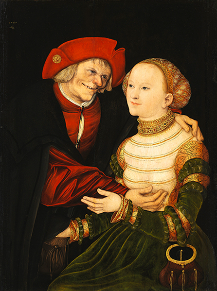 ルカス・クラーナハ（父）《不釣り合いなカップル　老人と若い女》1522年、油彩／ブナ材、ブダペスト国立西洋美術館　©Museum of Fine Arts, Budapest－Hungarian National Gallery, 2019