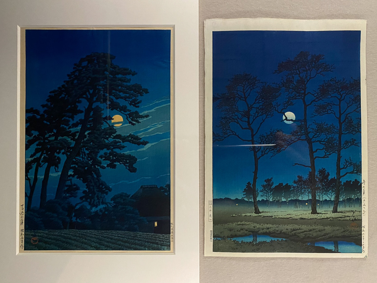 (左から)川瀬巴水《東京二十景 馬込の月》渡邊庄三郎版 / 川瀬巴水《冬の月(戸山ヶ原)》土井貞一版
