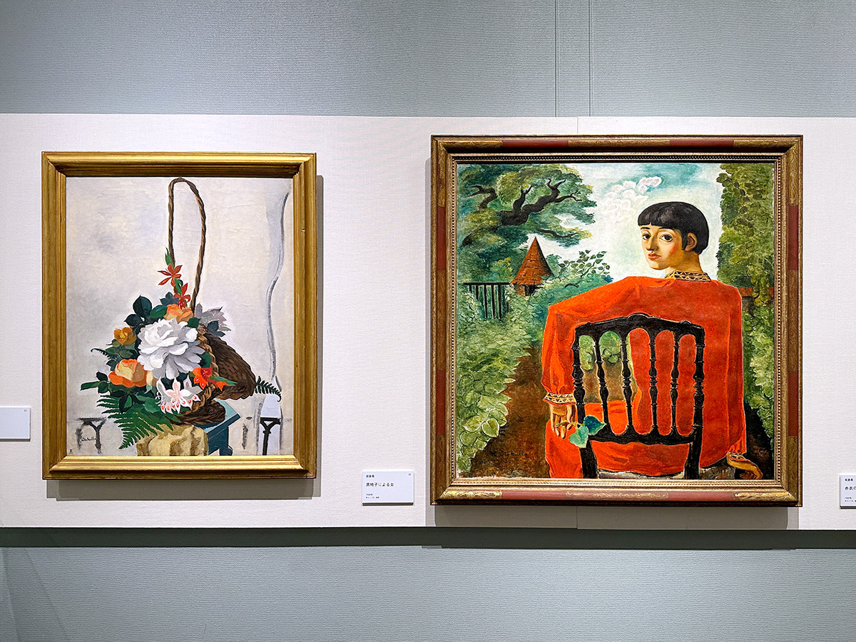 松戸市立博物館「松戸のたからもの　松戸市の美術コレクション」会場より　（左から）板倉鼎《篭の花》1928年6月頃 ／ 板倉鼎《黒椅子による女》1928年