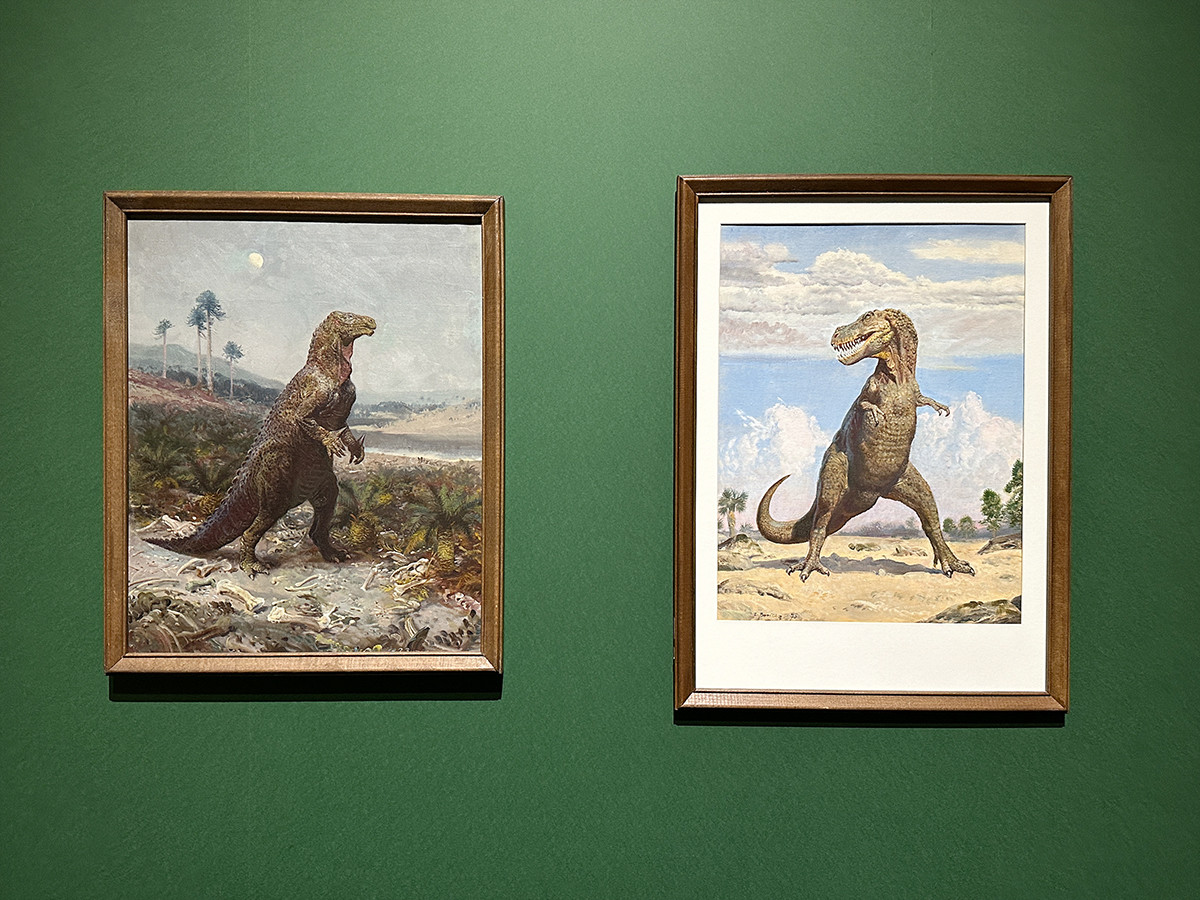 上野の森美術館　特別展「恐竜図鑑 －失われた世界の想像／創造」会場より　（左から）ズデニェク・ブリアン《イグアノドン・ベルニサルテンシス》1950年 モラヴィア博物館、ブルノ ／ ズデニェク・ブリアン《タルボサウルス・バタール》1970年 モラヴィア博物館、ブルノ