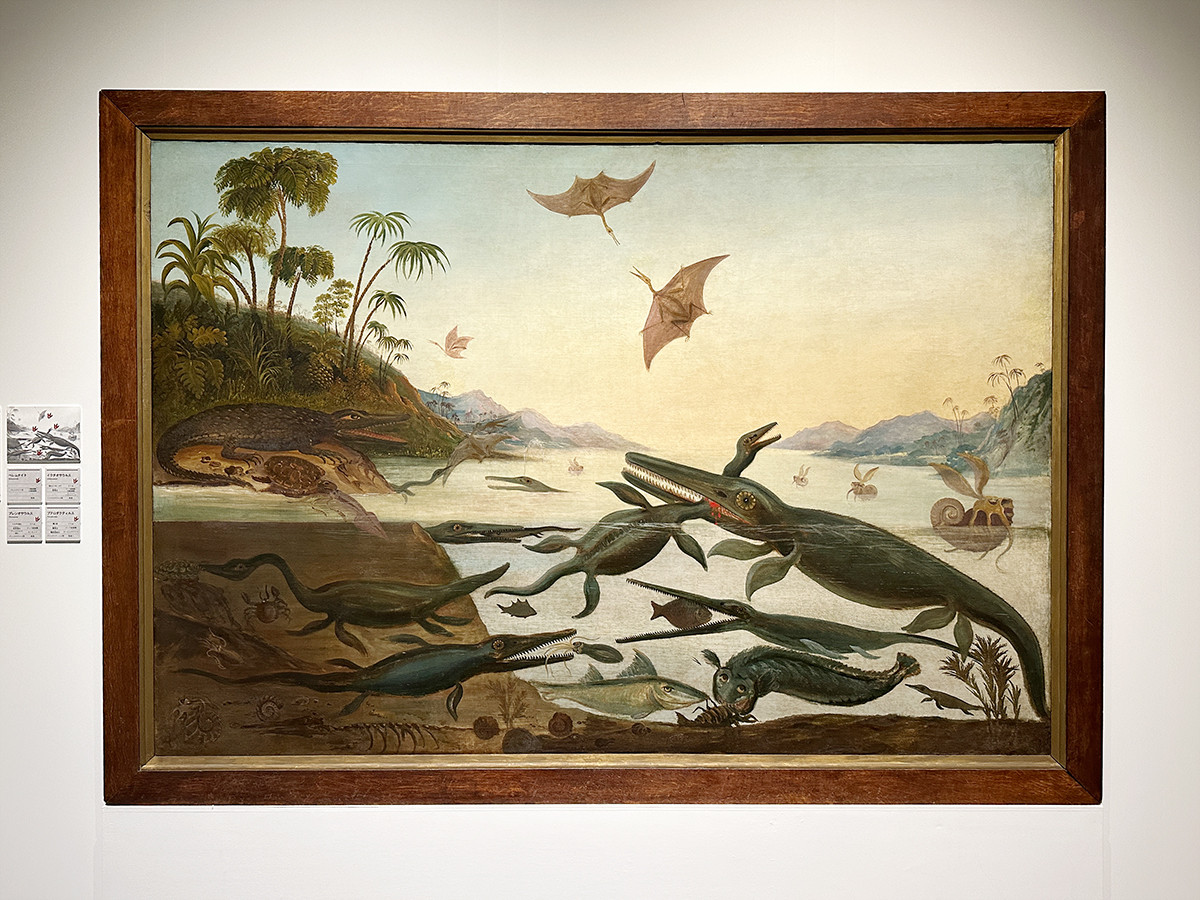 上野の森美術館　特別展「恐竜図鑑 －失われた世界の想像／創造」会場より　ロバート・ファレン《ジュラ紀の海の生き物—ドゥリア・アンティクィオル（太古のドーセット）》1850年頃 ケンブリッジ大学セジウィック地球科学博物館