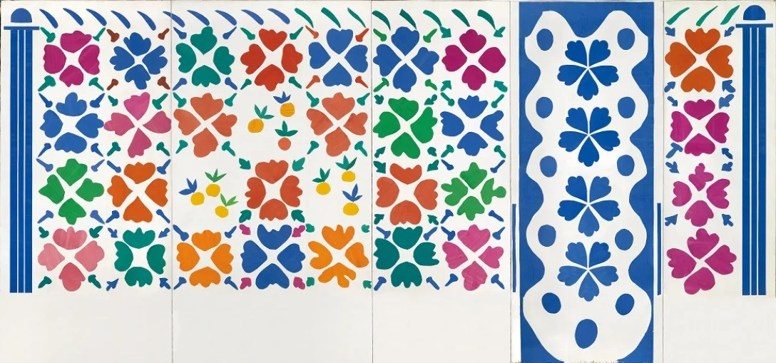 アンリ・マティス《 花と果実 》1952-53年、切り紙絵、410 × 870 cm ニース市マティス美術館蔵 © Succession H. Matisse Photo: François Fernandez