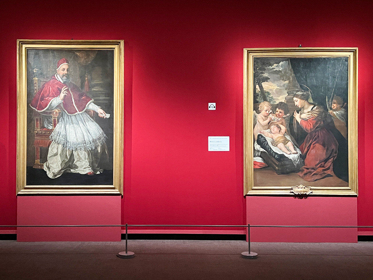 （左から）ピエトロ・ダ・コルトーナ《教皇ウルバヌス8世の肖像》1624-27年頃 ／ 《聖母子と天使たち》1625–30年 ともにカピトリーノ美術館 絵画館蔵