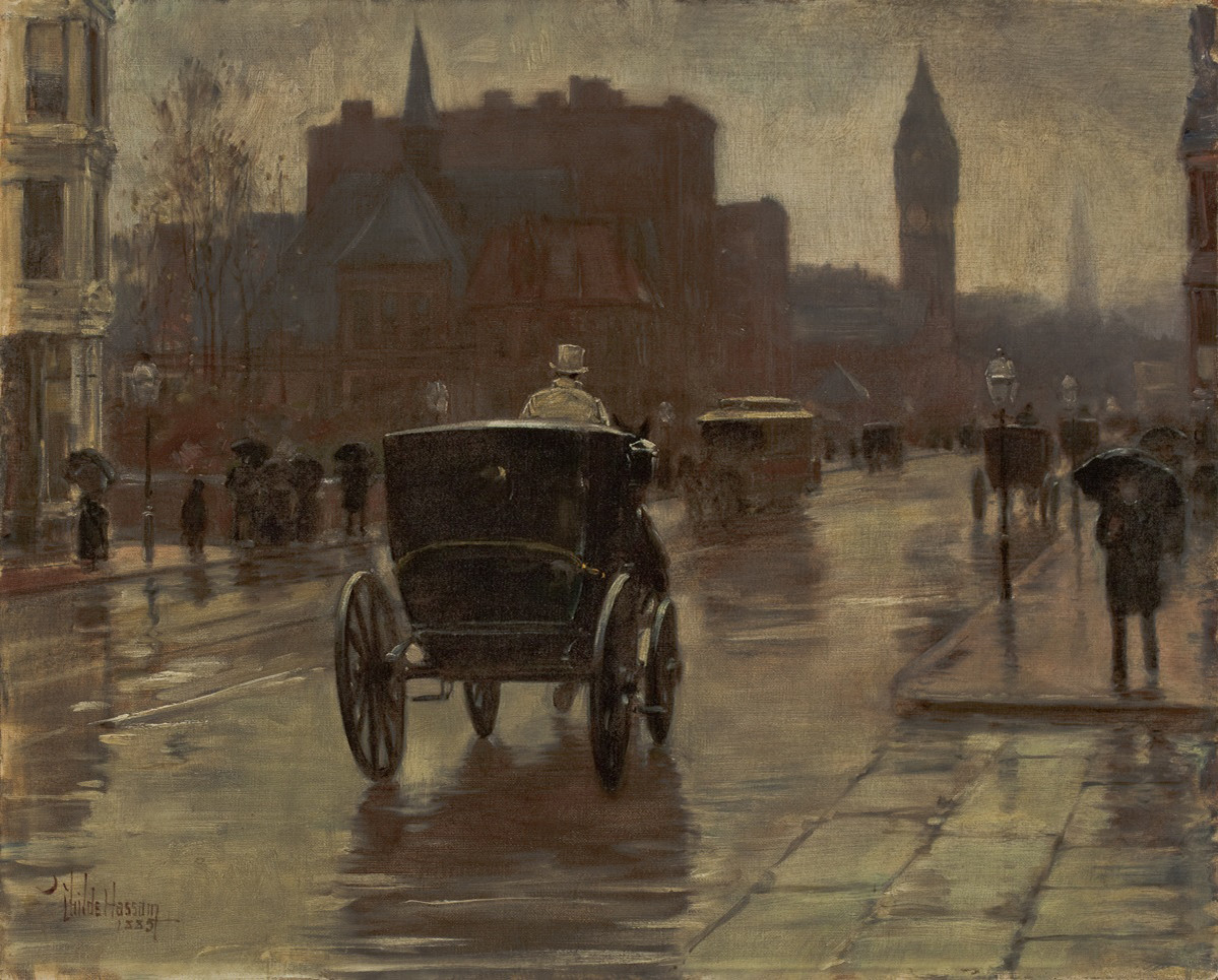 チャイルド・ハッサム《コロンバス大通り、雨の日》1885年 ウスター美術館 「印象派　モネからアメリカへ　ウスター美術館所蔵」展示風景、東京富士美術館、2024年