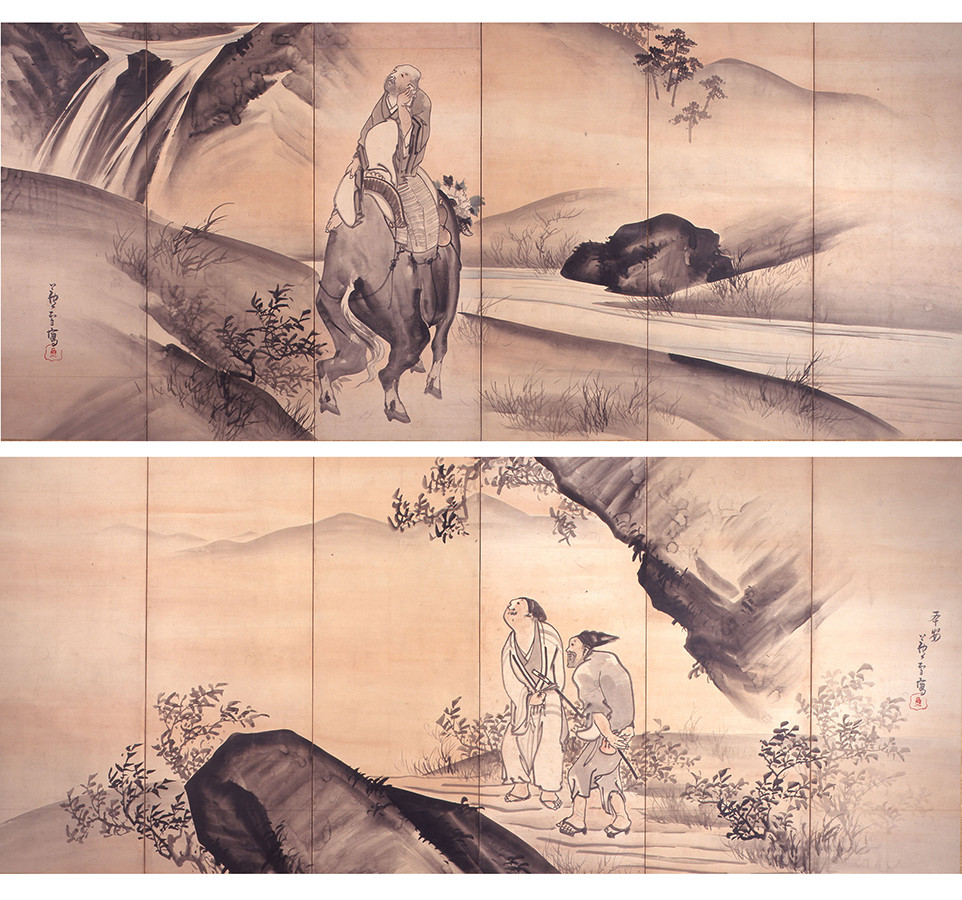 《牡丹花肖柏図屏風》