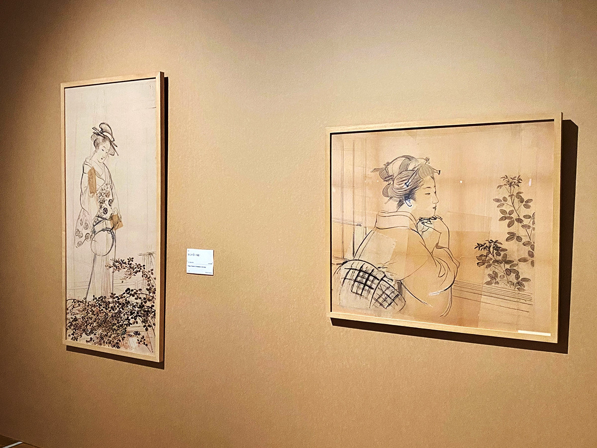 大阪中之島美術館「生誕150年記念 上村松園」会場より　左から《むしの音》（下絵） 1907年頃　松伯美術館 ／ 《若葉》（下絵） 1940年　松伯美術館【いずれも前期展示：5/11まで】