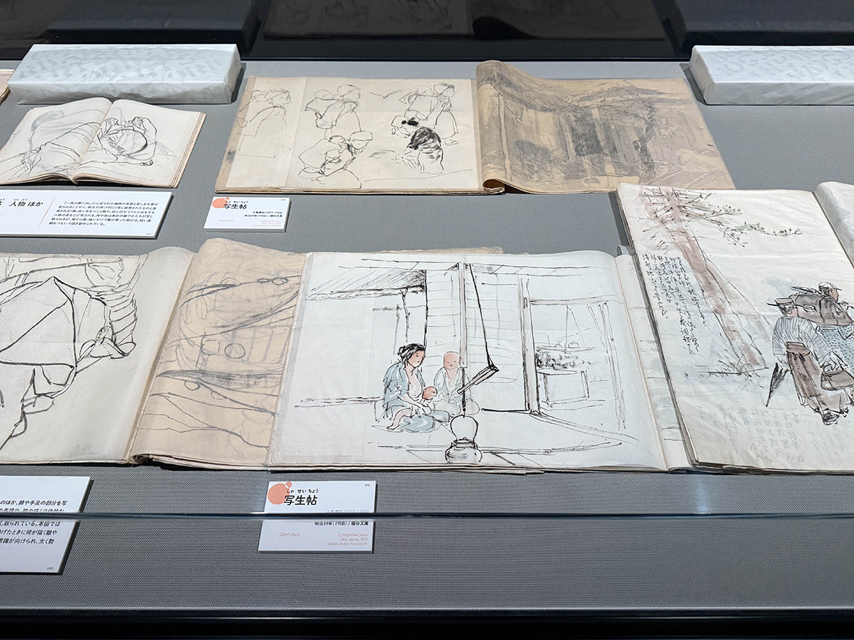 泉屋博古館東京「ライトアップ木島櫻谷Ⅱ―おうこくの線をさがしに」会場より 第1章「櫻谷の写生帖、なんども繰り返し写した線の軌跡。」