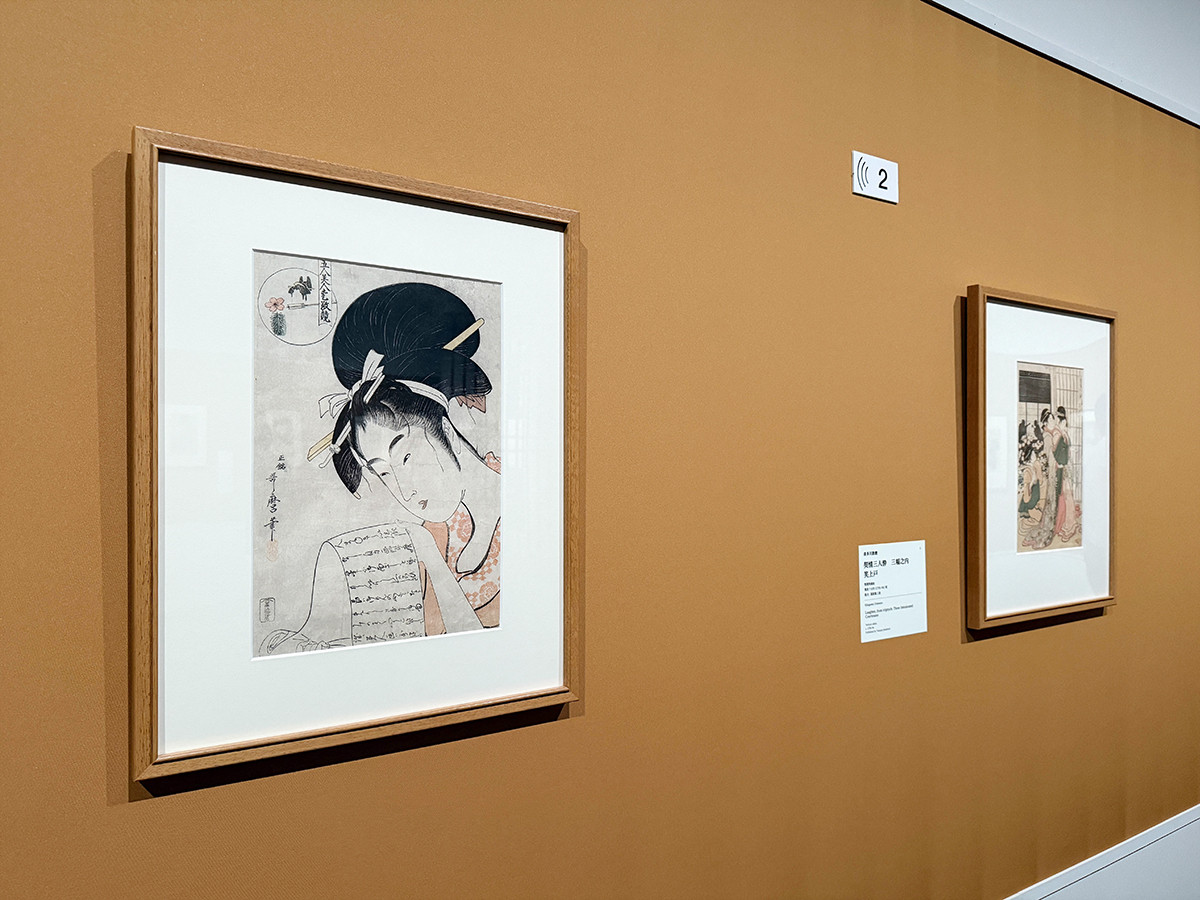 上野の森美術館「五大浮世絵師展―歌麿 写楽 北斎 広重 国芳」会場より　第1章「喜多川歌麿 ― 物想う女性たち」