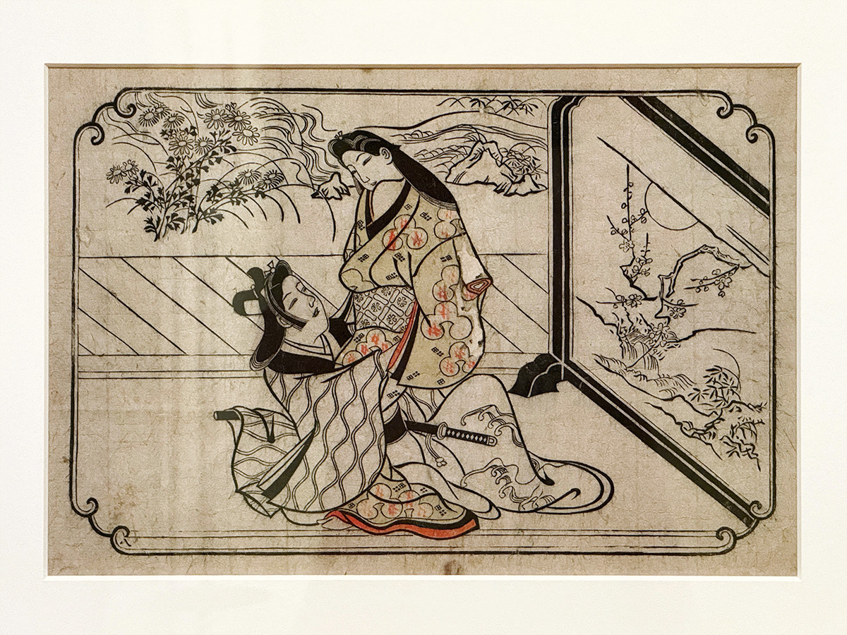 千葉市美術館「江戸の名プロデューサー 蔦屋重三郎と浮世絵のキセキ」会場より 菱川師宣《衝立のかげ》延宝(1673~81)後期 千葉市美術館蔵