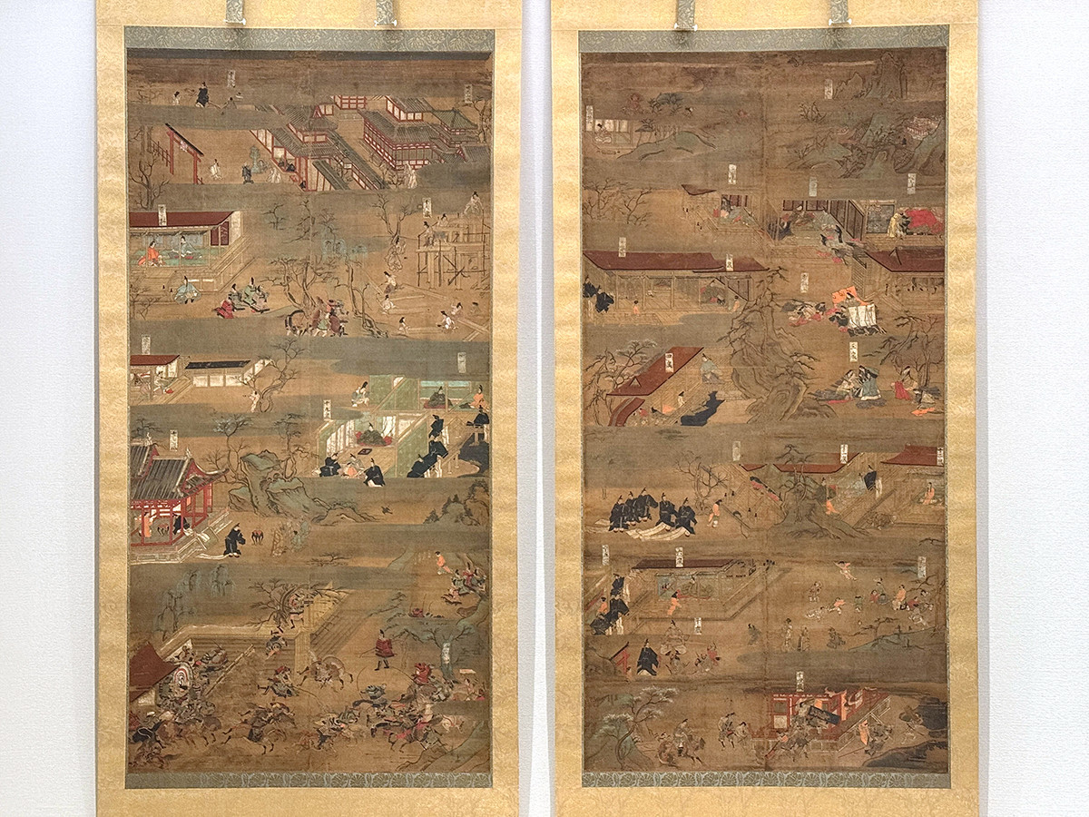 静嘉堂文庫美術館「絵画入門　よくわかる神仏と人物のフシギ」会場より　重要文化財《聖徳太子絵伝》鎌倉時代　14世紀［写真の一・二幅の展示は7/5～8/11。後期は三・四幅を展示］