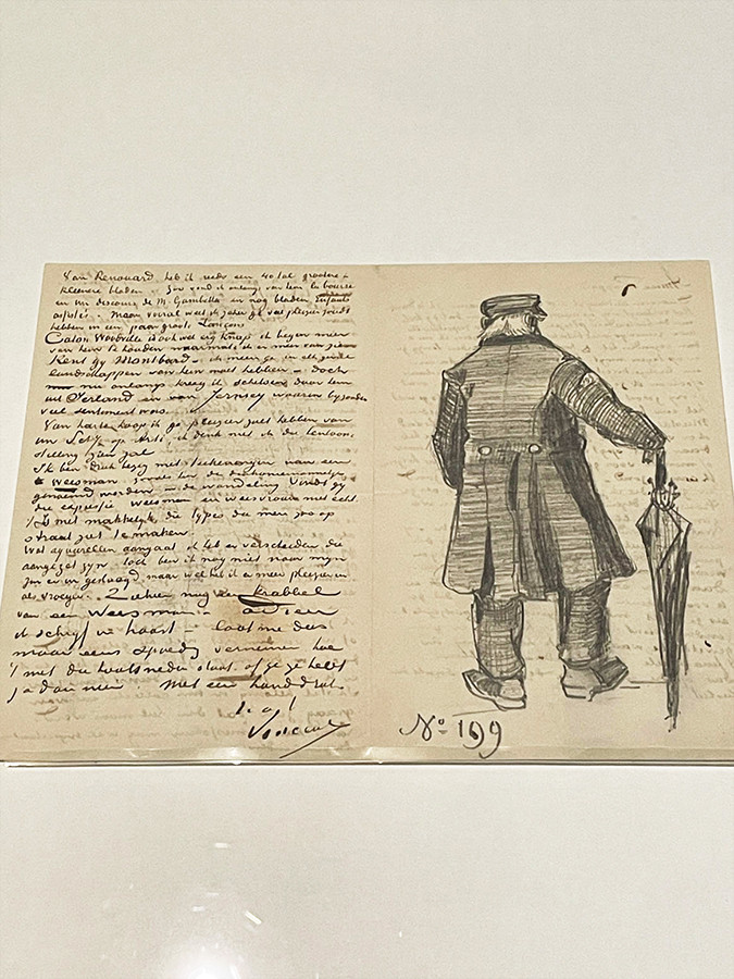 大阪市立美術館「ゴッホ展 家族がつないだ画家の夢」会場より　初来日の手紙「傘を持つ老人の後ろ姿が描かれたアントン・ファン・ラッパルト宛ての手紙」