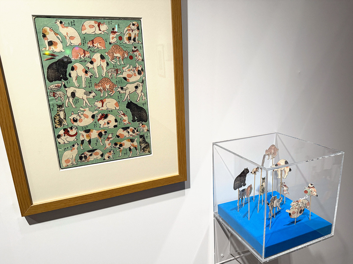 そごう美術館「Ukiyo-e 猫百科 ごろごろまるまるネコづくし」会場より　歌川芳藤《志ん板猫尽両めん合》安政6-明治8年（1859-75）版元未詳　個人蔵