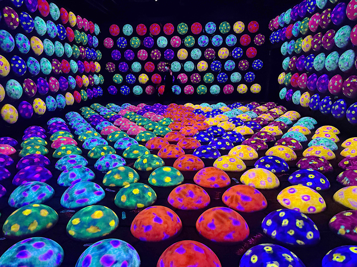 チームラボ バイオヴォルテックス 京都」会場より　あおむしハウスの高速回転跳ね球