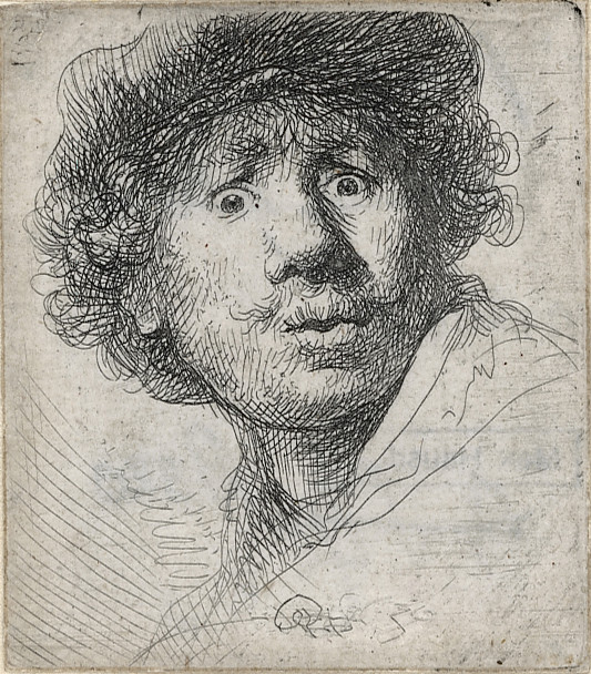 レンブラント・ハルメンスゾーン・ファン・レイン 《驚いた表情の自画像》1630年　エッチング、ドライポイント　レンブラント・ハウス美術館
