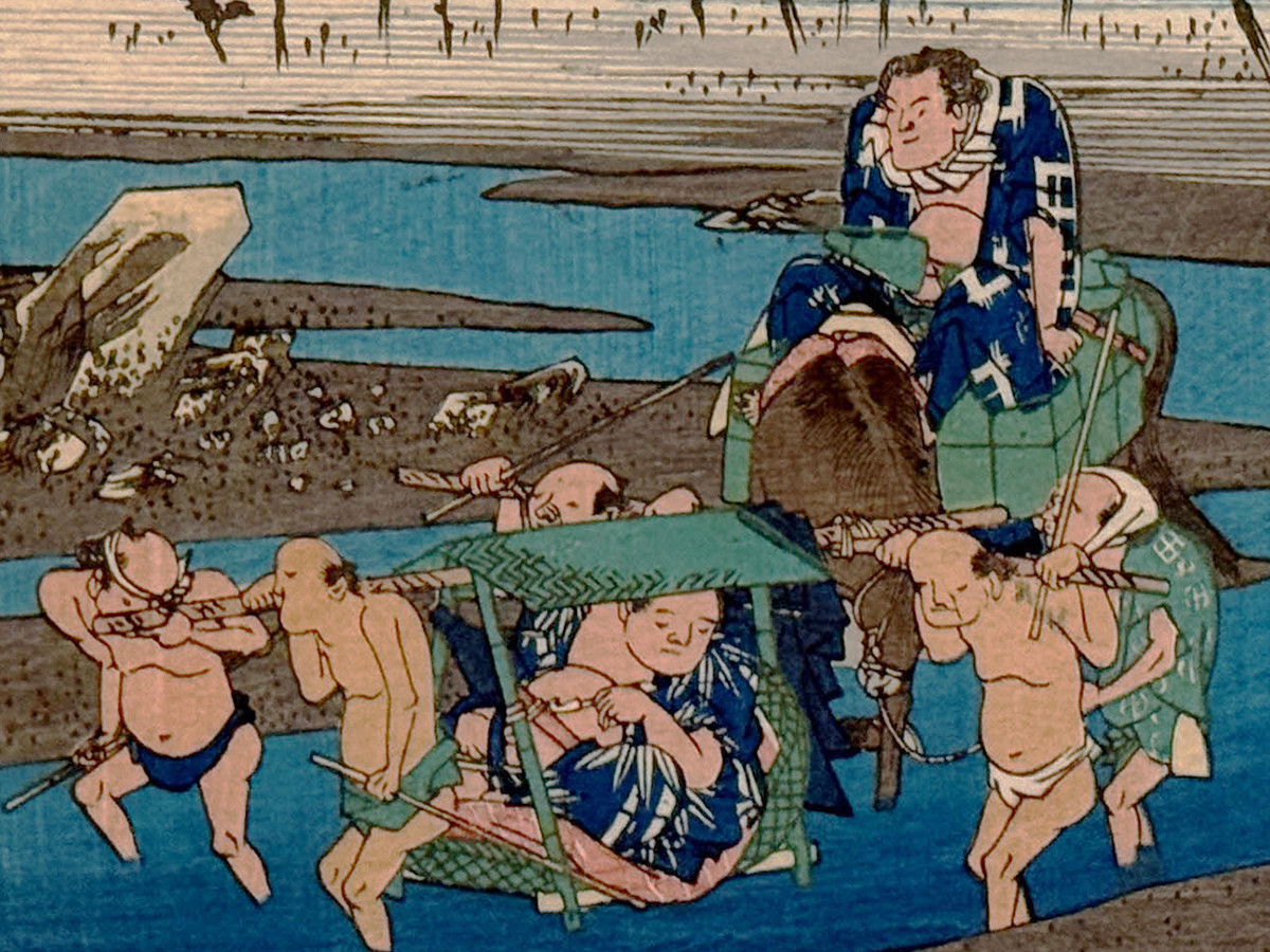 太田記念美術館「浮世絵おじさんフェスティバル」会場より 歌川広重《東海道五拾三次之内 奥津 興津川》天保4〜7年(1833〜36)頃(部分)