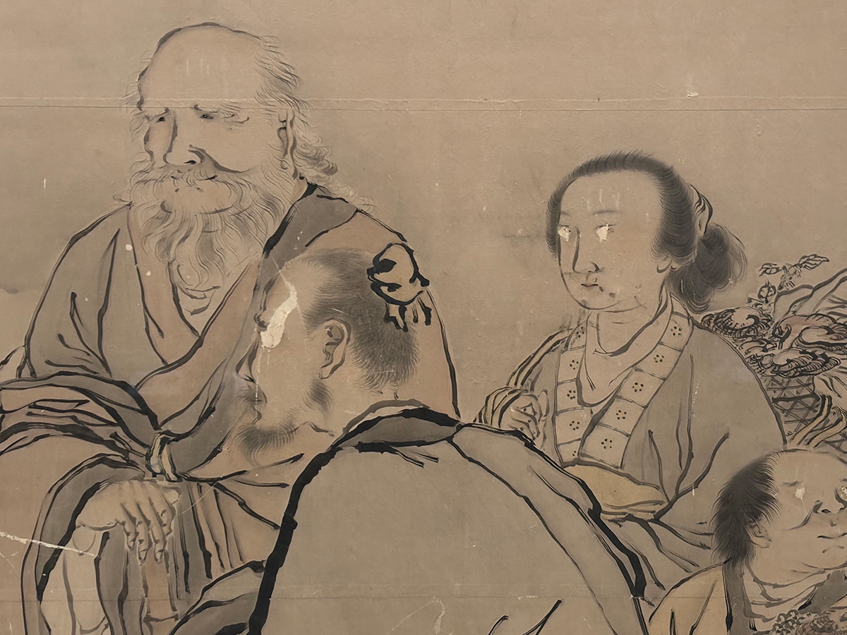 京都府指定文化財 報恩寺本堂障壁画「群仙図」塩川文麟筆　修理は現状維持、くりぬかれた目はそのまま