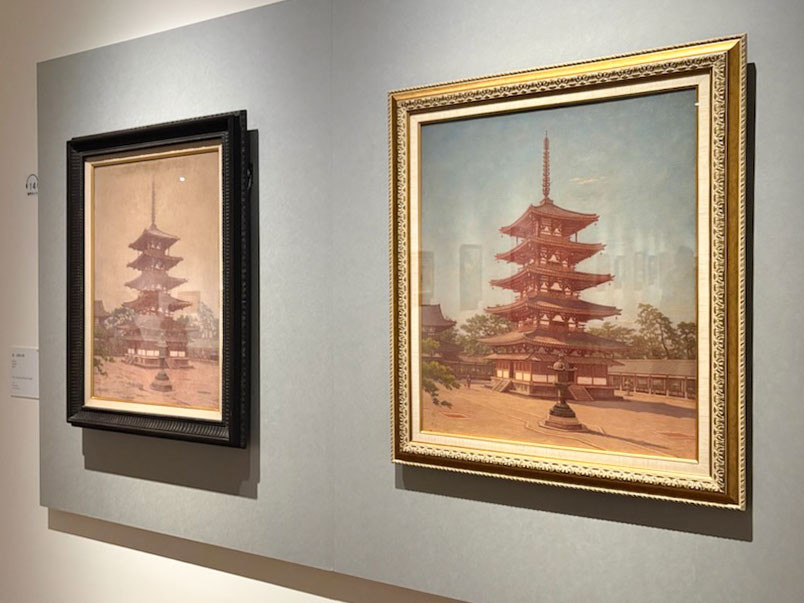 左：髙島野十郎《雨 法隆寺塔》昭和40（1965）年　個人蔵、右：《法隆寺塔》昭和33（1958）年　個人蔵