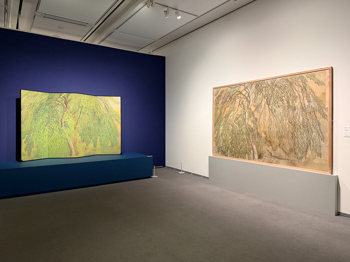 ＳＯＭＰＯ美術館「山口華楊展」会場より　（左から）山口華楊《葉桜》1921（大正10）年　ＳＯＭＰＯ美術館 ／ 山口華楊《葉桜（大下絵）》1921（大正10）年頃　京都府（京都文化博物館管理）
