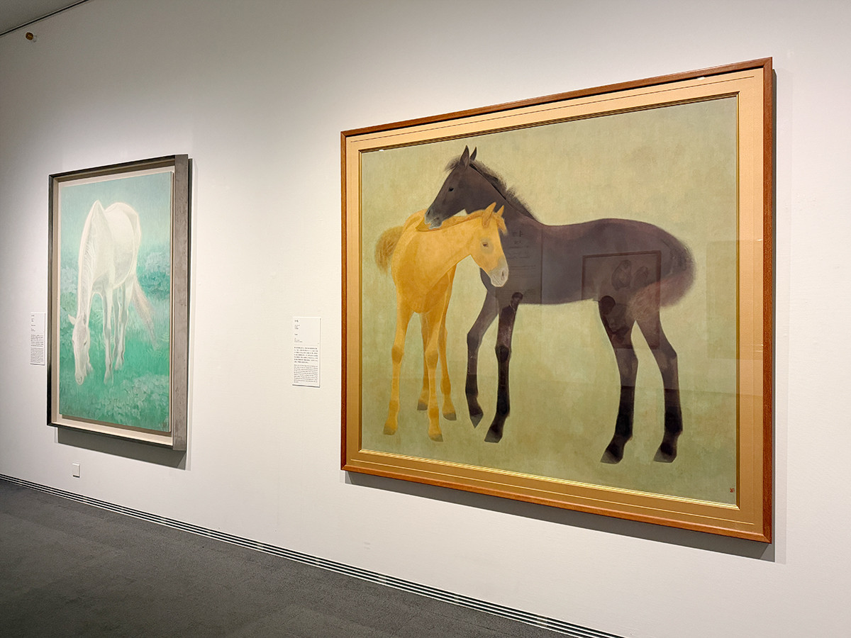ＳＯＭＰＯ美術館「山口華楊展」会場より　（左から）山口華楊《白い馬》1952（昭和27）年　日本芸術院 ／ 山口華楊《仔馬》1955（昭和30）年　日本芸術院