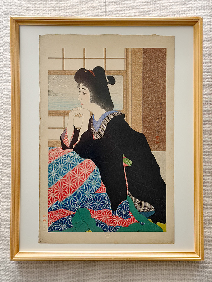 太田記念美術館「没後50年記念 鳥居言人 歌舞伎絵と新版画」会場より 《雪》 昭和4年(1929)10月 株式会社劇雅堂