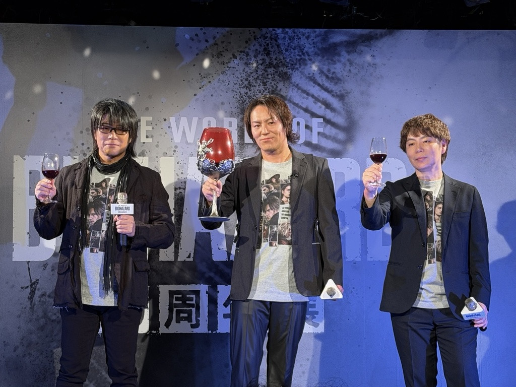 「THE WORLD OF BIOHAZARD 30周年展」プレス発表会　左から森川智之さん、狩野英孝さん、川田将央さん　©CAPCOM